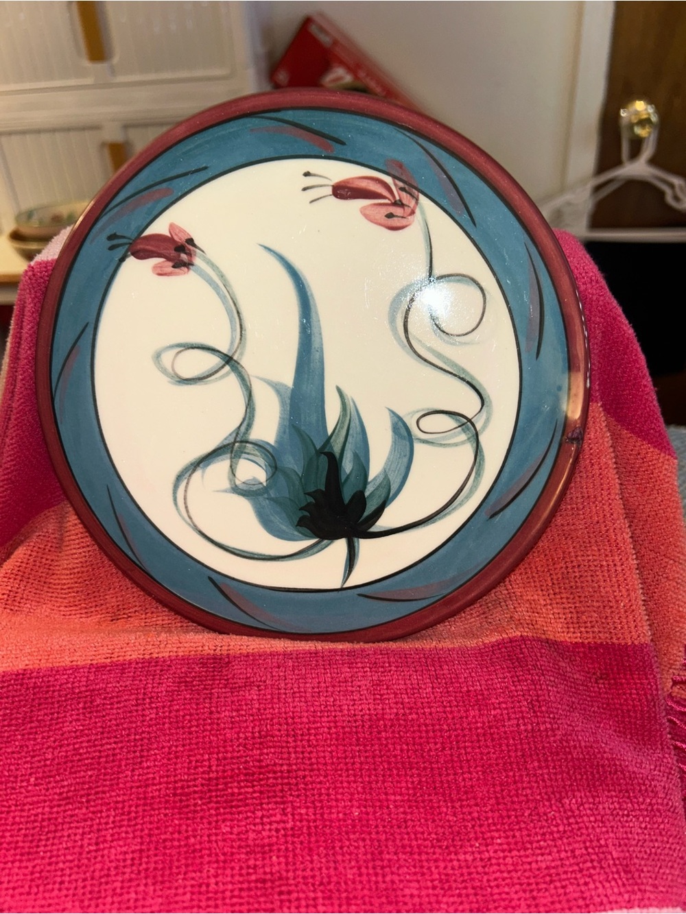 Hand-Painted Ceramic Decorative Plate - Blue and Pink Floral Design